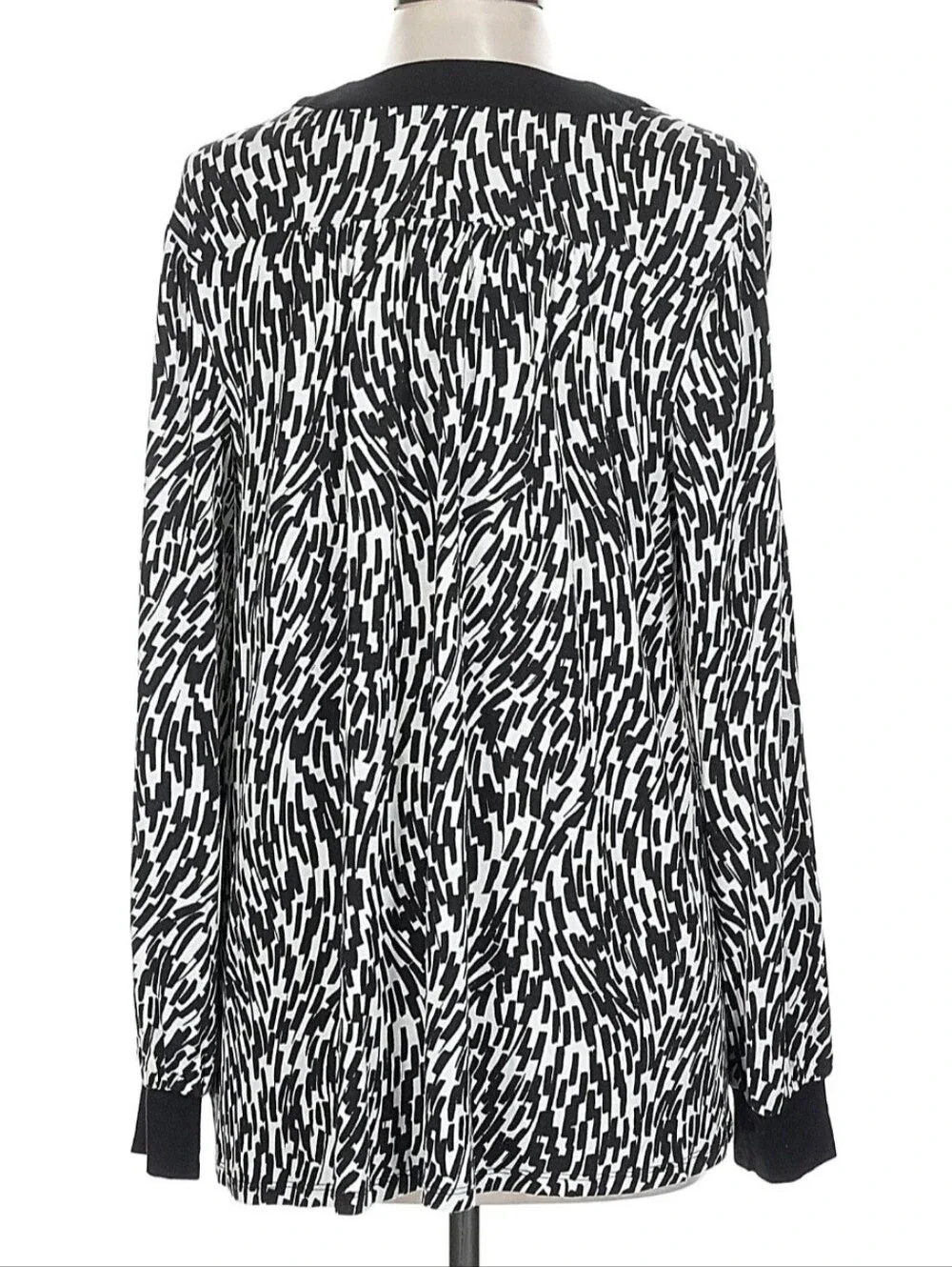 Michael Kors Black & White Abstract Print V-Neck Blouse, Large